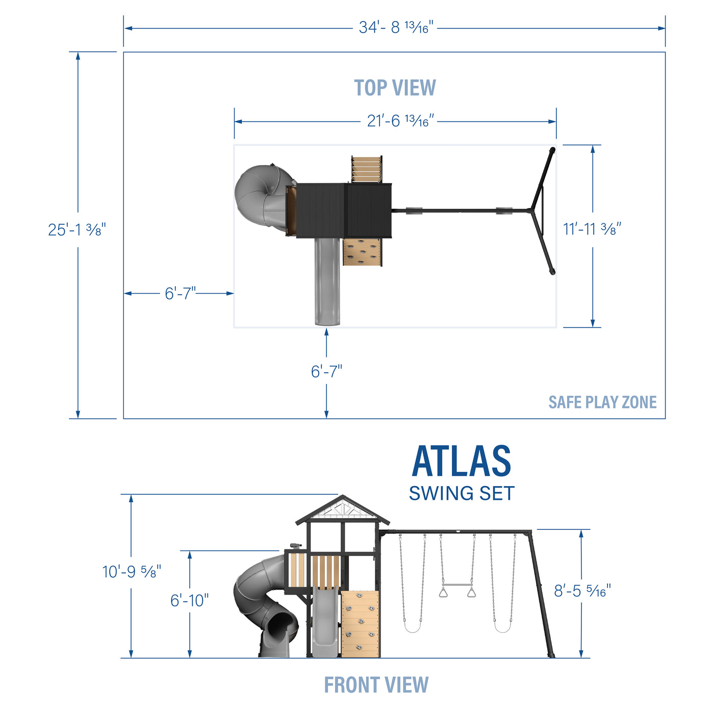 Atlas Steel Swing Set with Tube Slide — footprint and dimensions