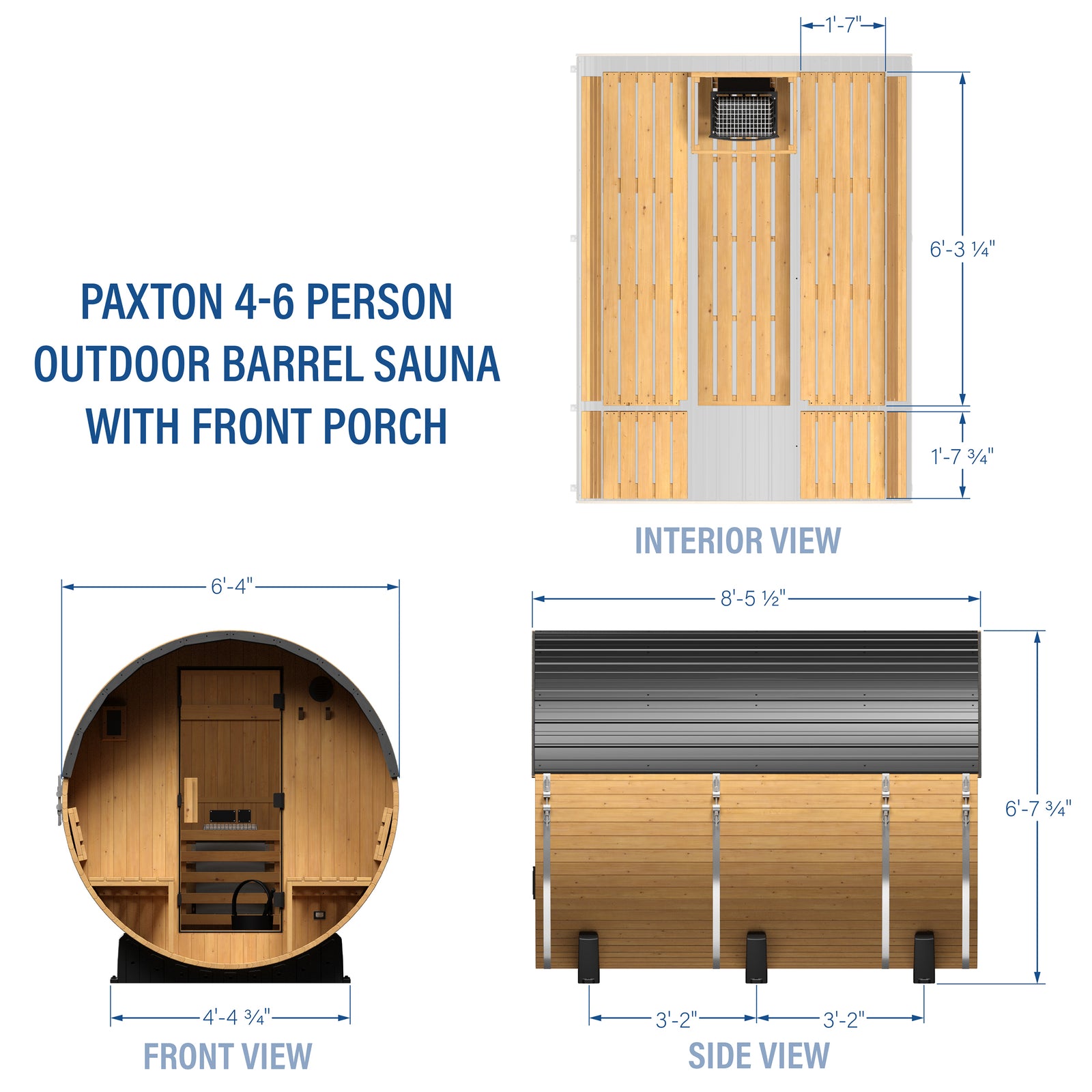 Paxton Outdoor Barrel Sauna with Porch 2-4 Person — footprint and dimensions