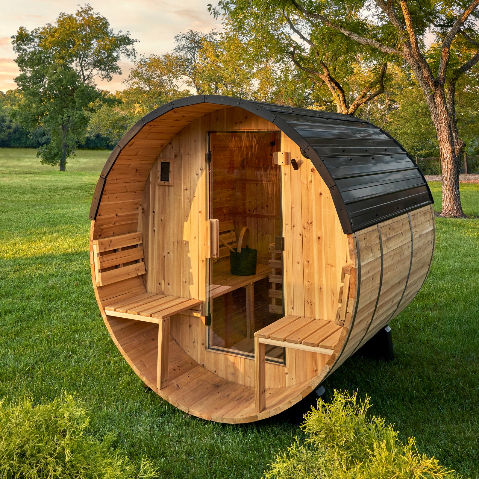 Paxton Outdoor Barrel Sauna with Porch 2-4 Person — manufacturer photo 1