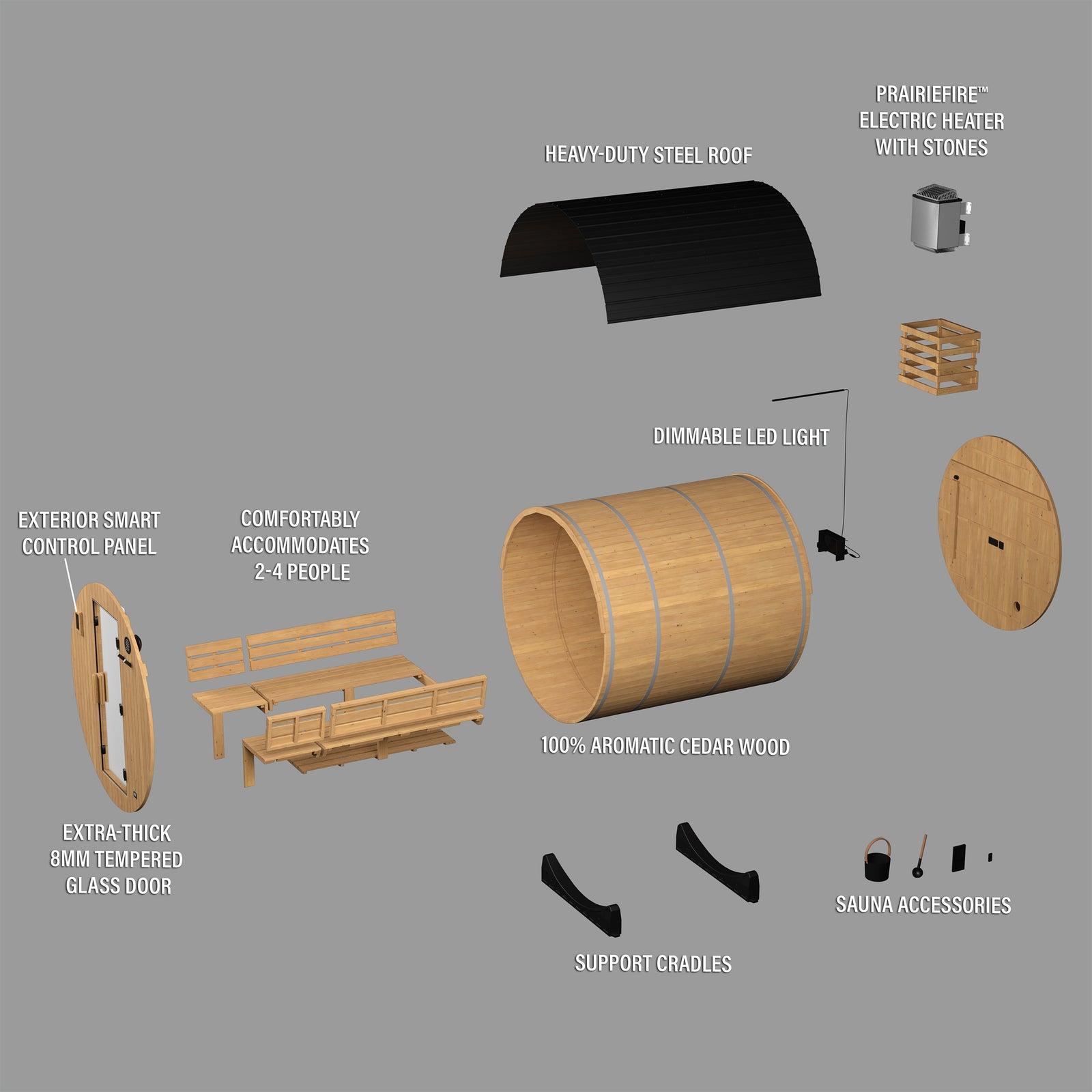 Paxton Outdoor Barrel Sauna with Porch 2-4 Person — footprint and dimensions