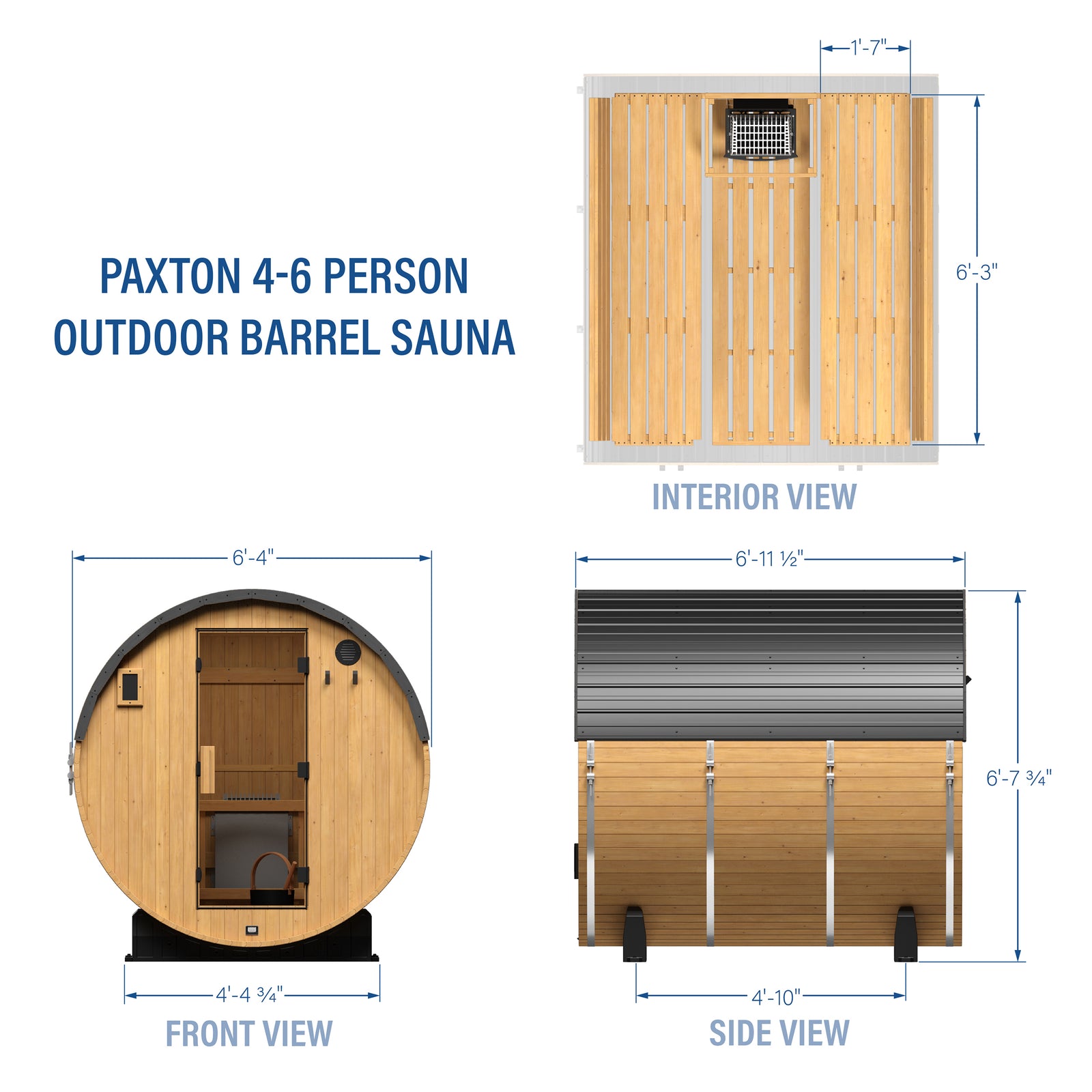 Paxton Outdoor Barrel Sauna 4-6 Person — footprint and dimensions