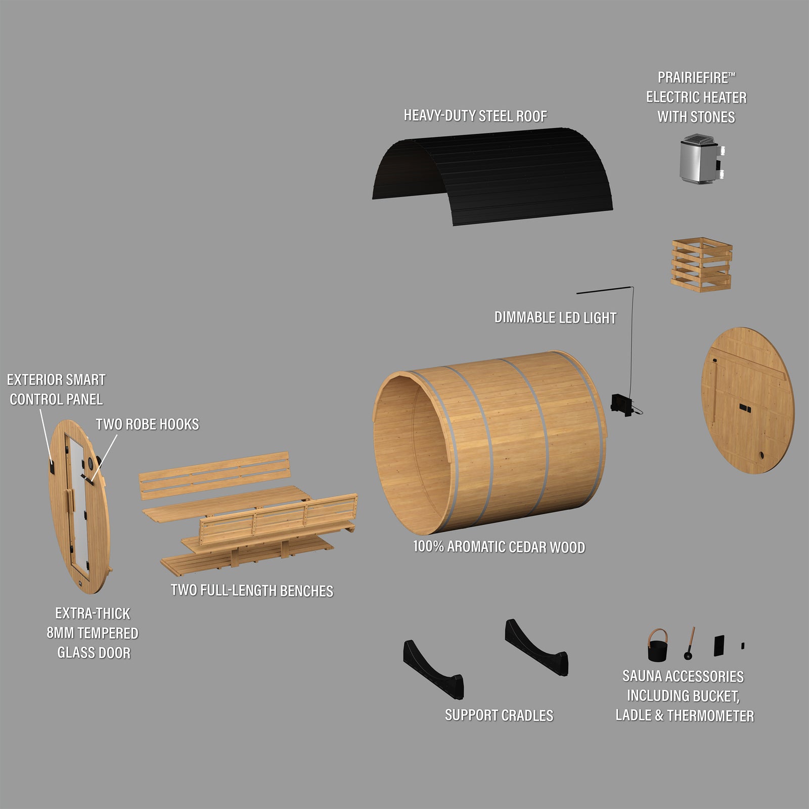 Paxton Outdoor Barrel Sauna 4-6 Person — footprint and dimensions