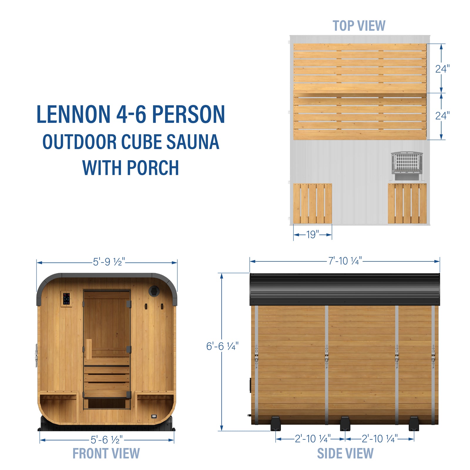 Lennon Outdoor Cube Sauna with Porch 4-6 Person — footprint and dimensions
