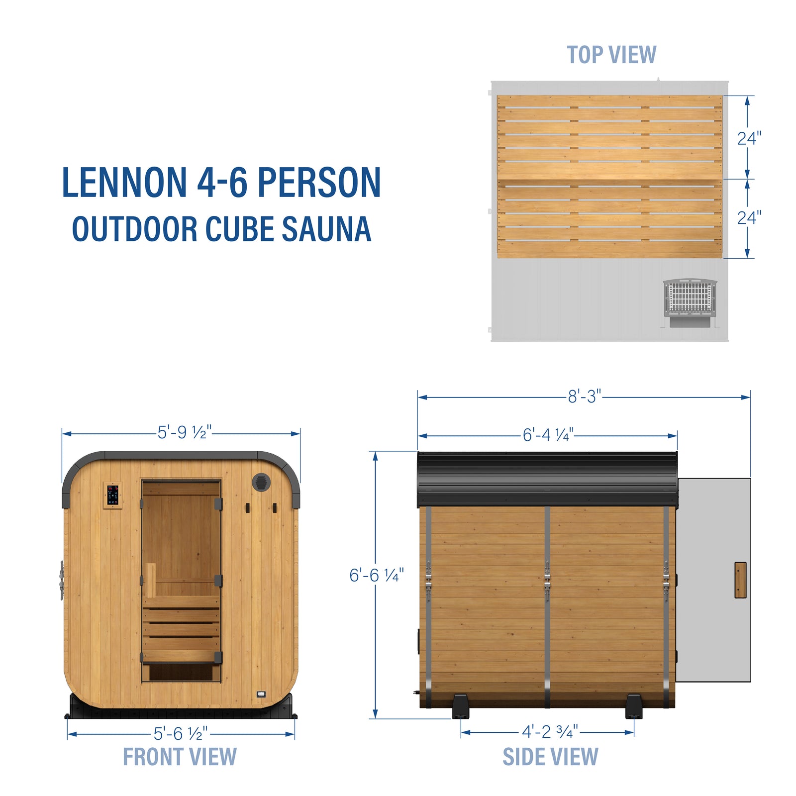 Lennon Outdoor Cube Sauna 4-6 Person — footprint and dimensions