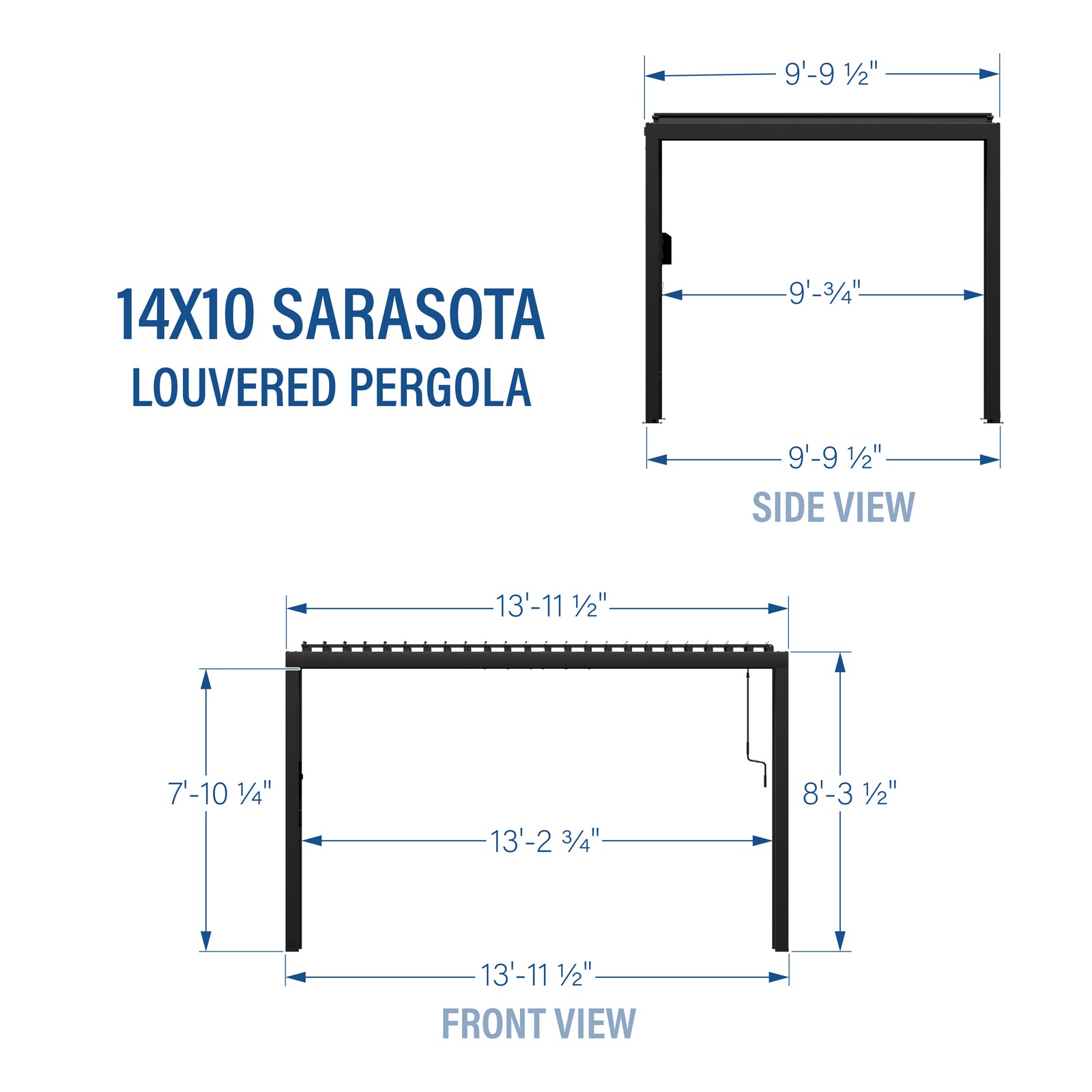 14x10 Sarasota Steel Louvered Pergola — footprint and dimensions