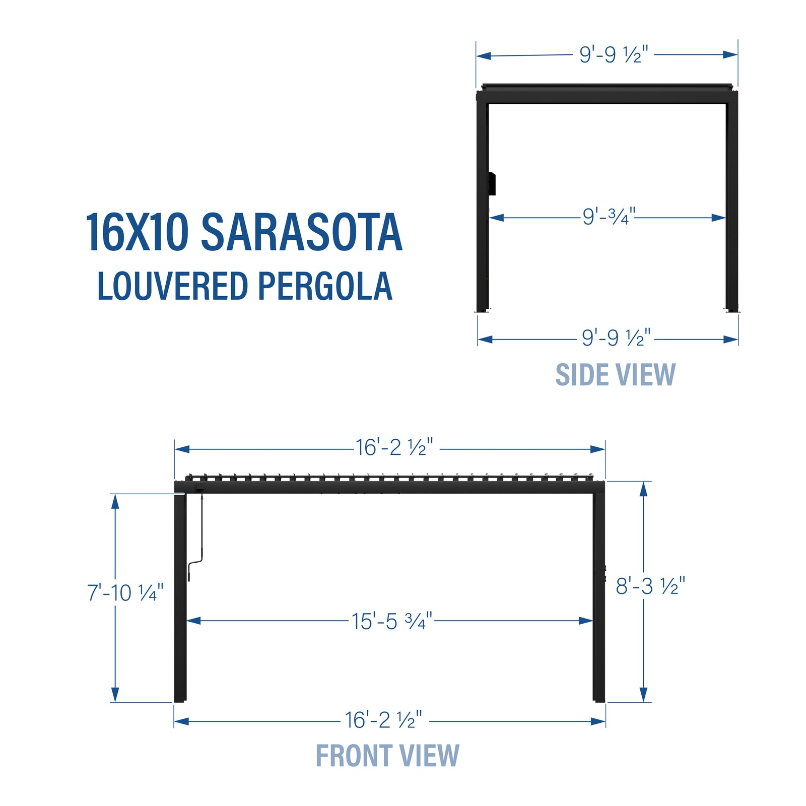 16x10 Sarasota Steel Louvered Pergola — footprint and dimensions