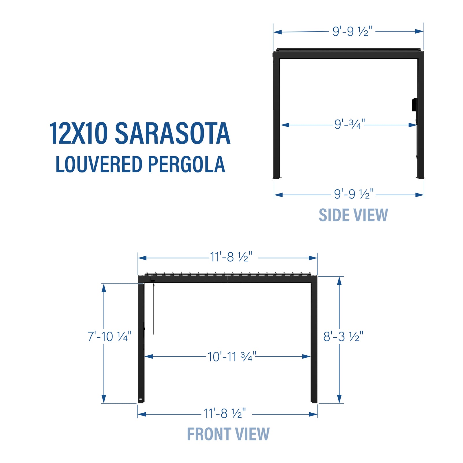 12x10 Sarasota Steel Louvered Pergola — footprint and dimensions