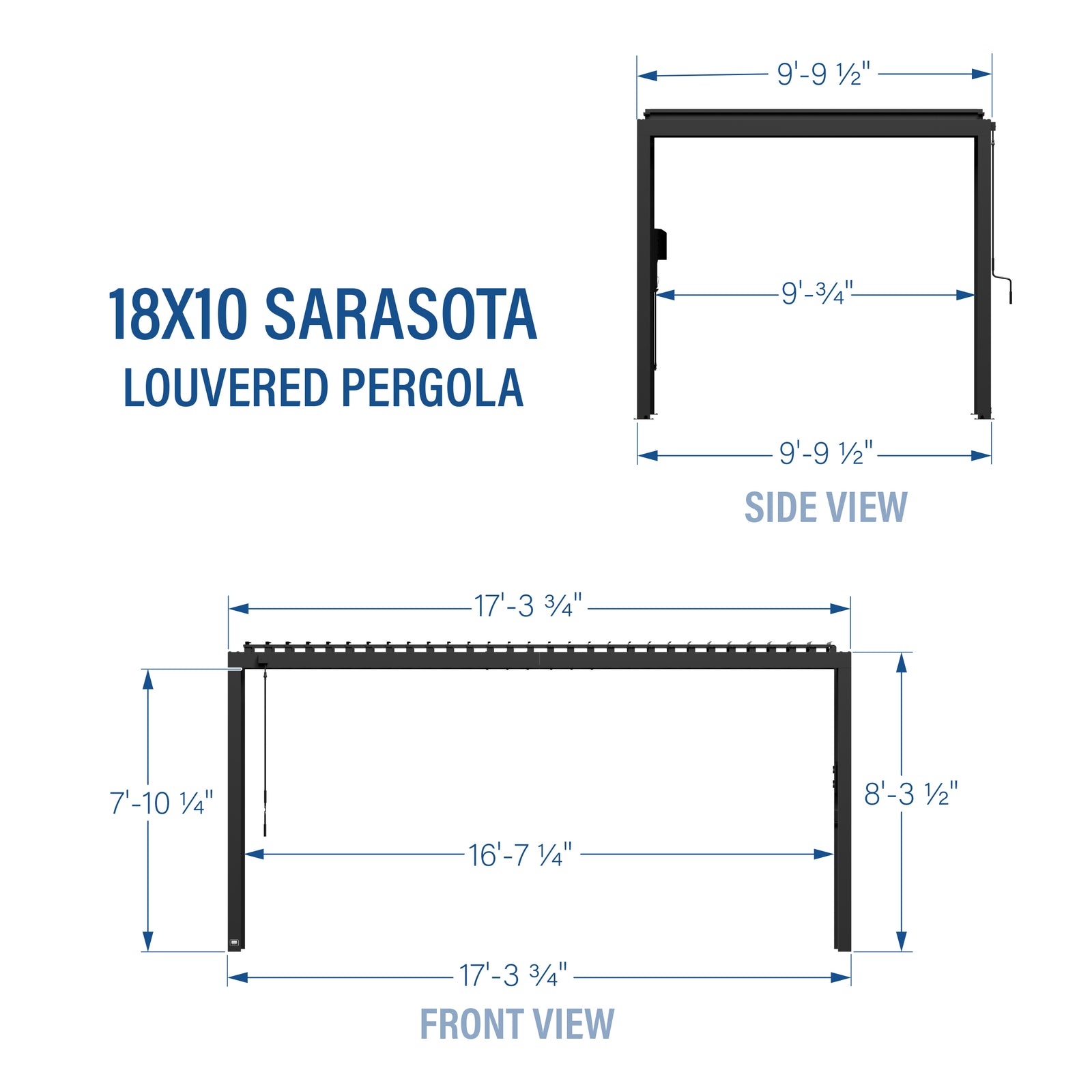 18x10 Sarasota Steel Louvered Pergola — footprint and dimensions
