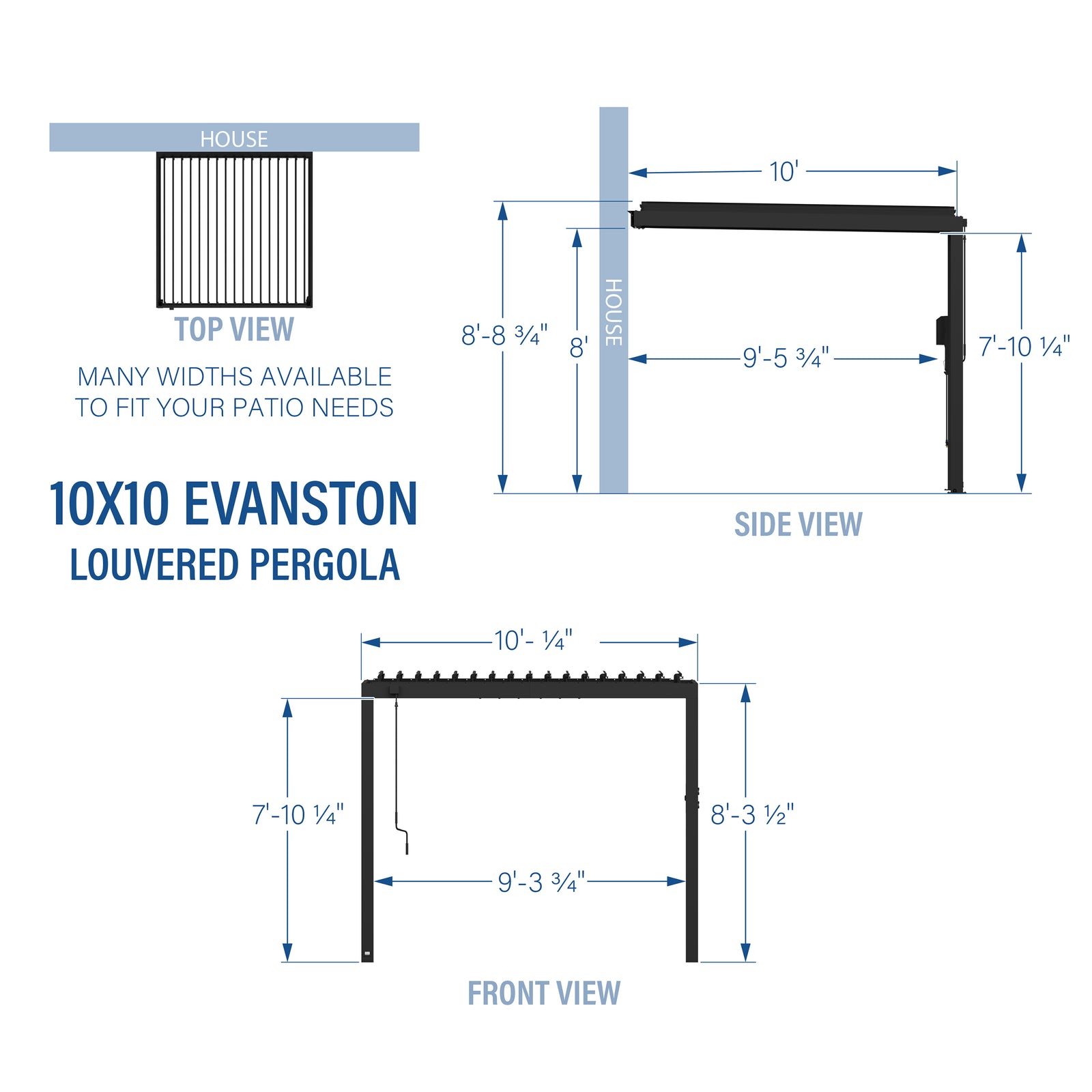 10x10 Evanston Wall Mounted Louvered Pergola — footprint and dimensions