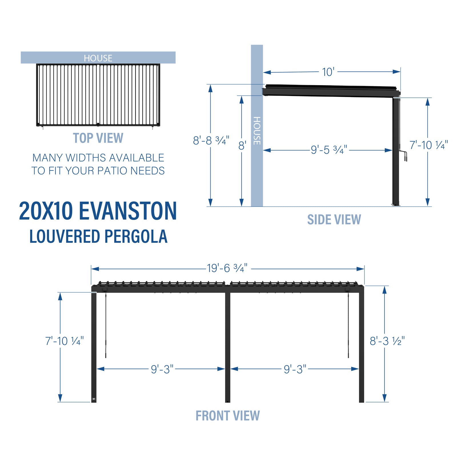 20x10 Evanston Wall Mounted Louvered Pergola — footprint and dimensions