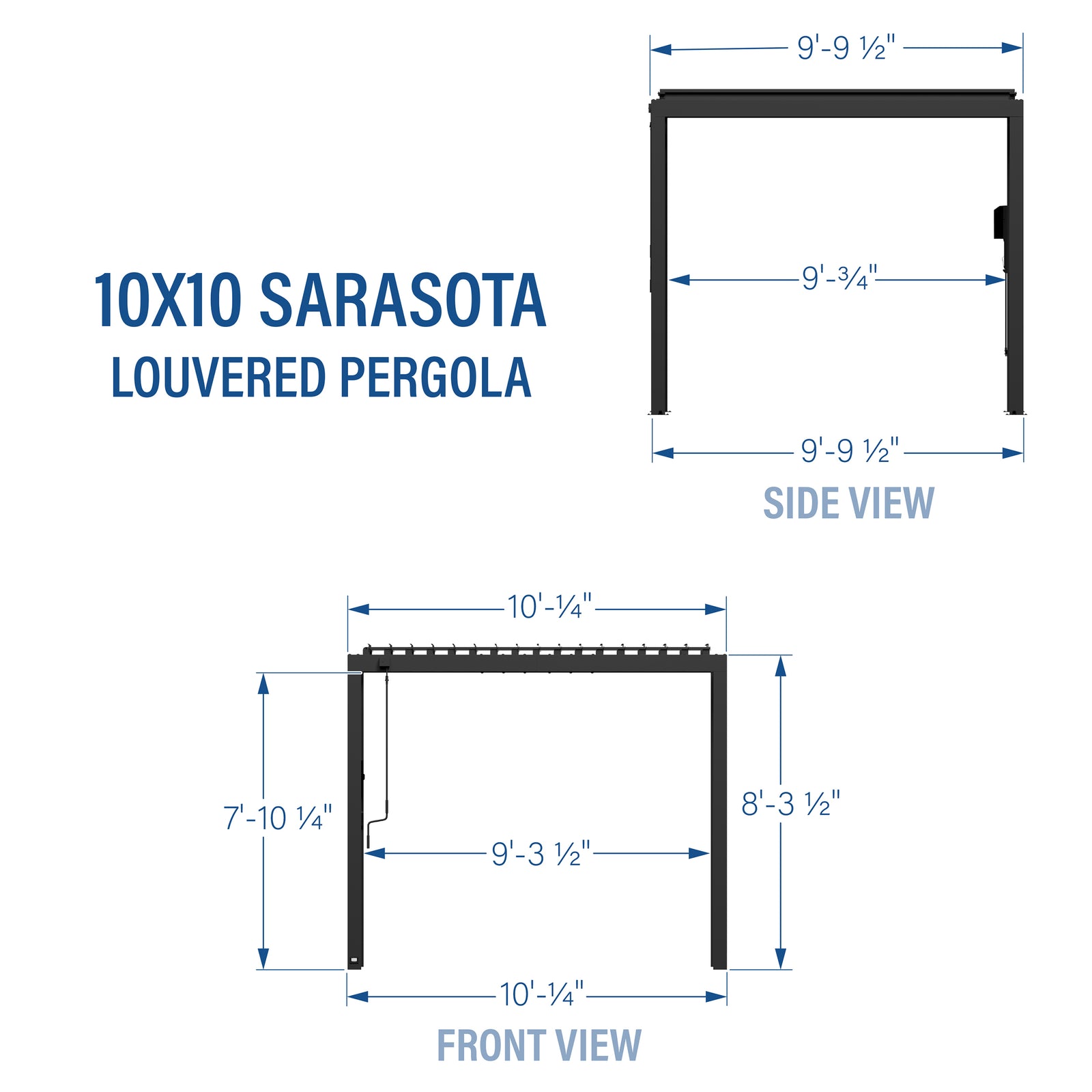 10x10 Sarasota Steel Louvered Pergola — footprint and dimensions