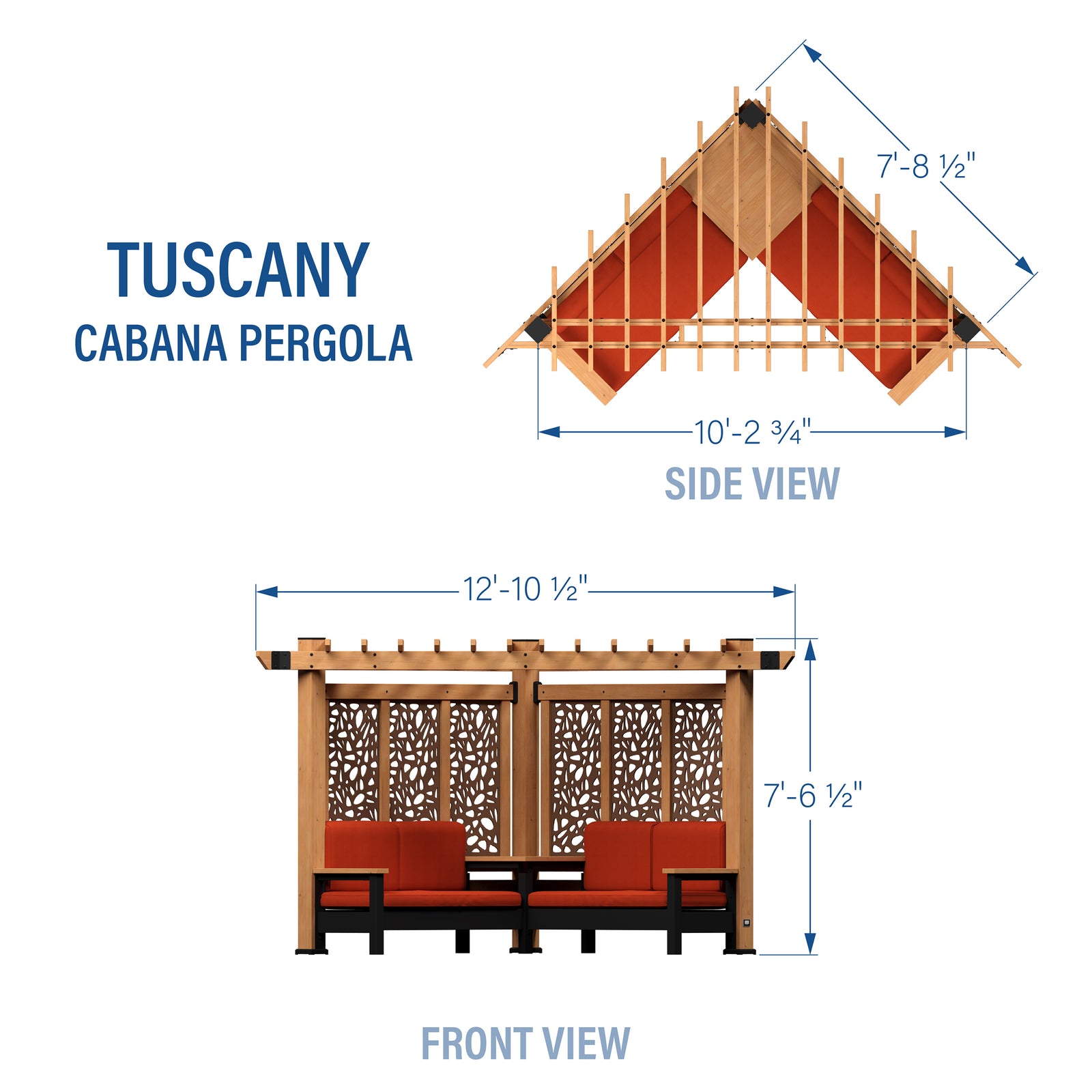 Tuscany Corner Pergola with Conversation Seating - Privacy Panels — footprint and dimensions