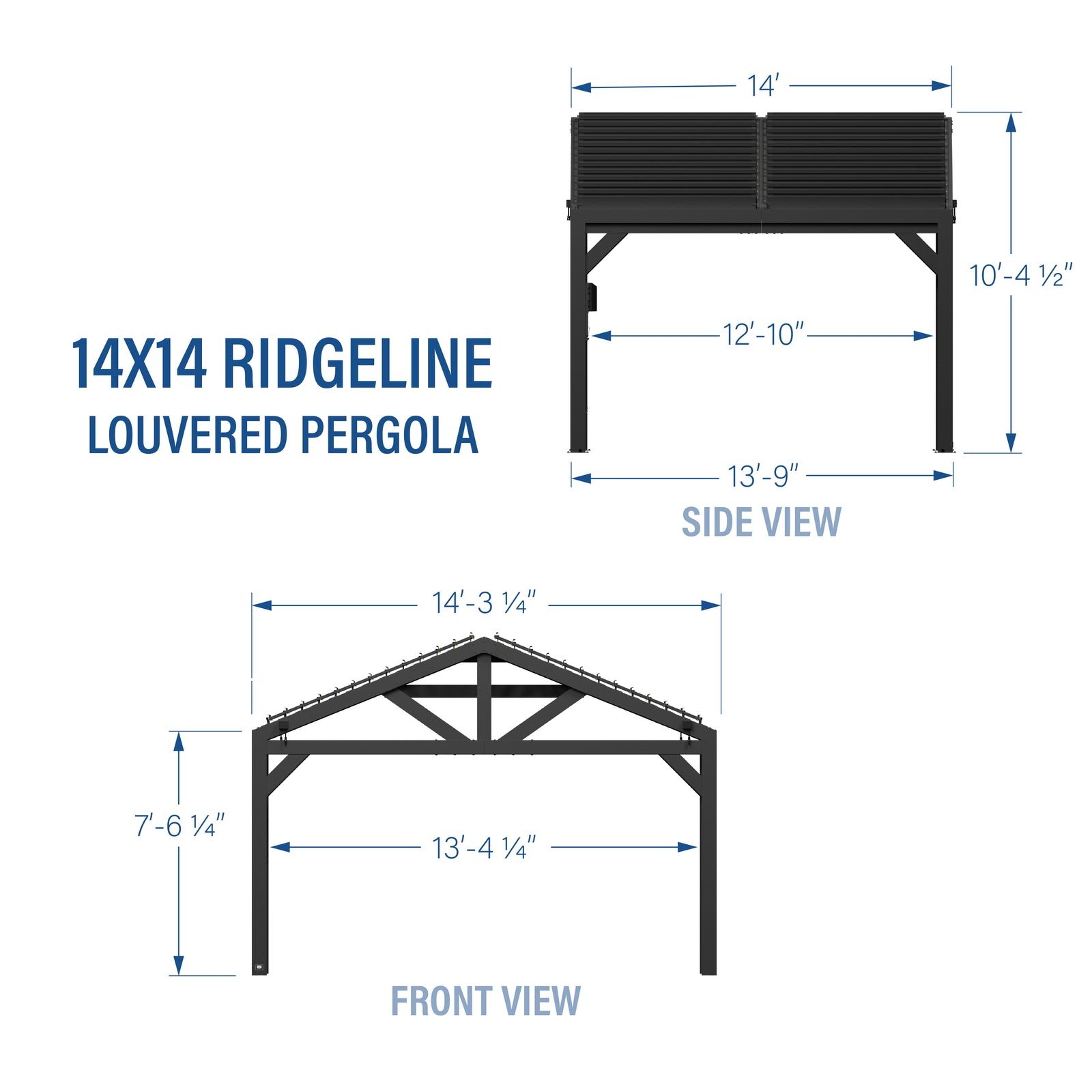 14x14 Ridgeline Steel Louvered Pergola — footprint and dimensions