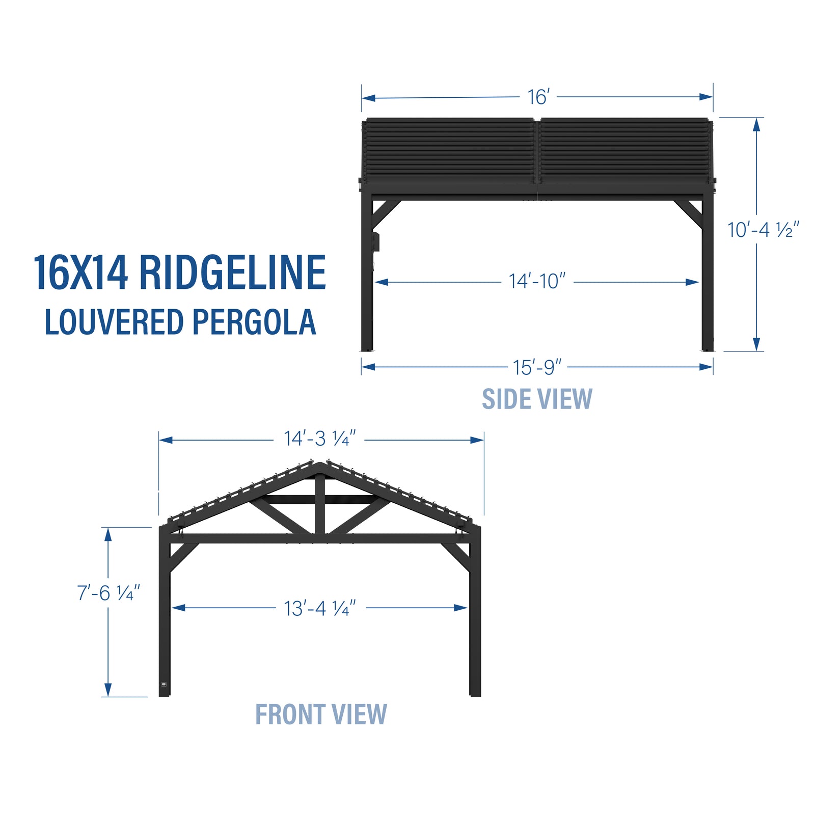 16x14 Ridgeline Steel Louvered Pergola — footprint and dimensions
